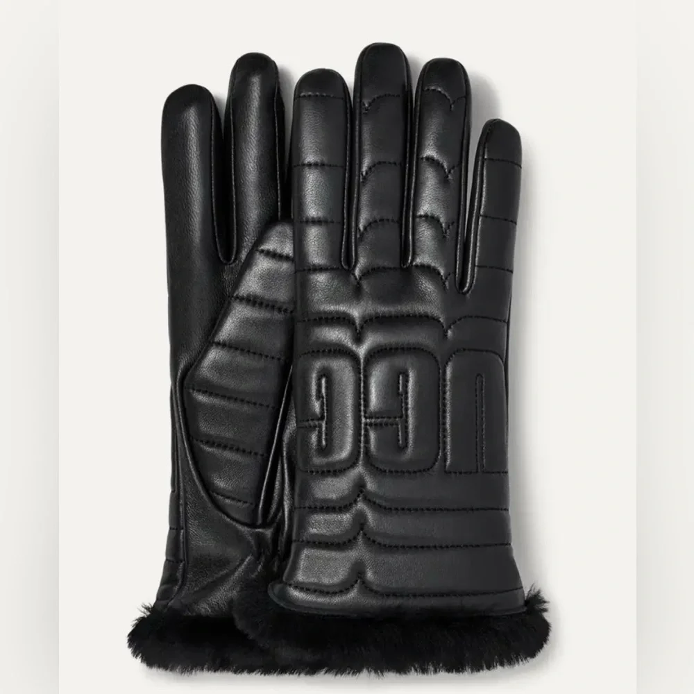 UGG Leather Quilted Logo Tech Glove in Black Size Small